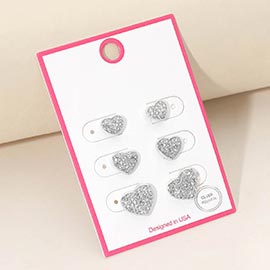 3Pairs - Silver Dipped Stone Pave Heart Stud Earring Set