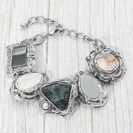 Bold Mixed Vintage Frame Stone Charm Link Statement Bracelet