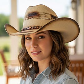 Star Accent Leopard Pattern Faux Leather Band Distressed Two Tone Western Straw Cowboy Hat