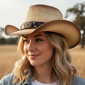 Rustic Star Concho Belt Accent Faux Leather Band Western Straw Cowboy Hat