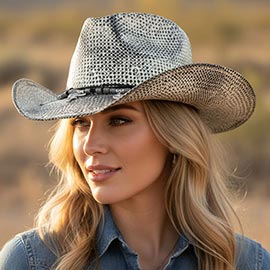 Handmade Vintage Steer Head Cactus Horseshoe Charm Faux Leather Band Western Straw Cowboy Hat