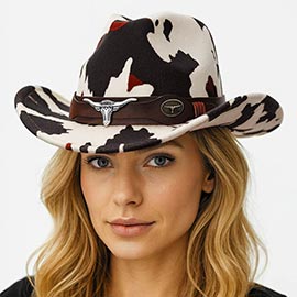 Steer Head Accent Faux Leather Band Cow Print Western Cowboy Hat