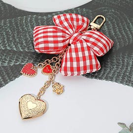 Checkered Bow Accent Heart Locket Charm Drop Keychain Bag Charm