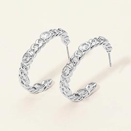 14K Gold Plated Oval CZ Stone Accent Chain Hoop Earrings