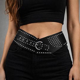 Wide Western Faux Leather Studded Waist Belt