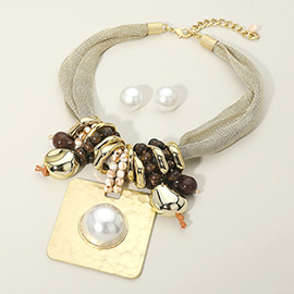 Pearl Accent Hammered Metal Square Pendant Accent Multi Charm Beaded Mesh Chain Statement Necklace