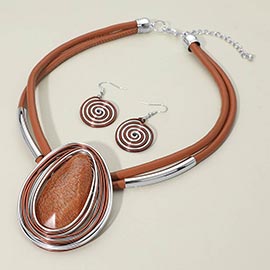 Bold Teardrop Stone Accent Spiral Wire Decor Layered Faux Leather Statement Necklace