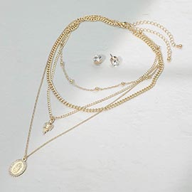 2PCS - Layered Religious Oval Coin Angel Pendant Chain Necklaces