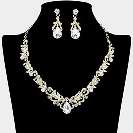 Teardrop Stone Cluster Accent Rhinestone Paved Leaf Embellished Necklace
