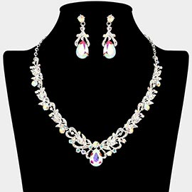 Teardrop Stone Cluster Accent Rhinestone Paved Leaf Embellished Necklace