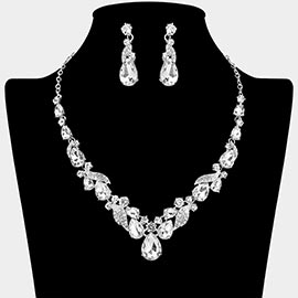 Teardrop Stone Cluster Accent Rhinestone Paved Leaf Embellished Necklace