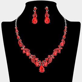 Teardrop Stone Cluster Accent Rhinestone Paved Leaf Embellished Necklace