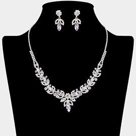 Marquise Stone Cluster Leaf Drop Rhinestone Paved Necklace