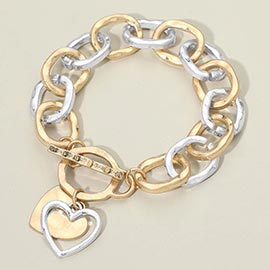 Hammered Layered Heart Charm Chunky Chain Toggle Bracelet