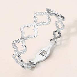 Stainless Steel CZ Pave Accent Open Quatrefoil Link Hinged Bangle Bracelet