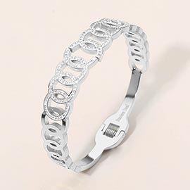 Stainless Steel CZ Pave Circle Link Hinged Bangle Bracelet