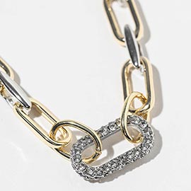 Gold Dipped Two Tone CZ Paved Lin Accent Chunky Paperclip Chain Necklace