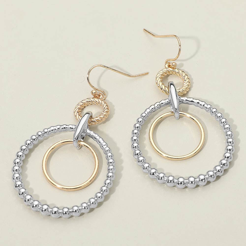 Two Tone Metal Beaded Ring Link Drop Earrings
