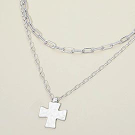 Hammered Metal Cross Pendant Double Layered Necklace