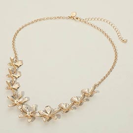Textured Metal Floral Charm Link Collar Necklace