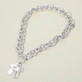 Hammered Layered Cross Pendant Chunky Chain Toggle Necklace