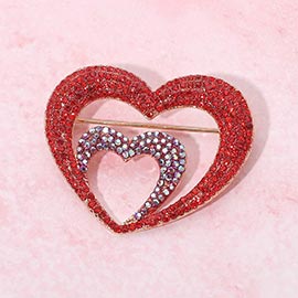 Rhinestone Pave Double Layered Open Heart Pin Brooch