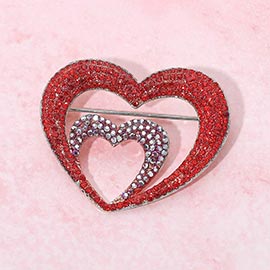 Rhinestone Pave Double Layered Open Heart Pin Brooch