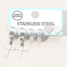 3Pairs - Stainless Steel Cross Drop Dangle Rhinestone Line Huggie Mini Hoop Heart Stud Earring Set