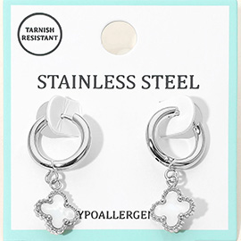 Stainless Steel Mother of Pearl Quatrefoil Charm Drop Dangle Huggie Hoop Earrings