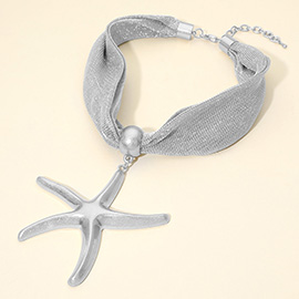Bold Brushed Metal Starfish Pendant Mesh Statement Necklace
