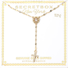 SECRET BOX_Genuine Gold Dipped Hypoallergenic Stone Pave Disc Accent Cross Drop Necklace