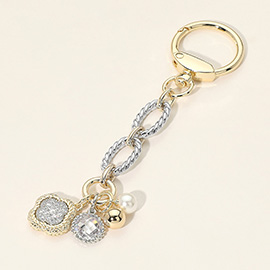 14K Gold Plated Two Tone CZ Stone Pave Quatrefoil Pearl Charm Drop Keychain Bag Charm
