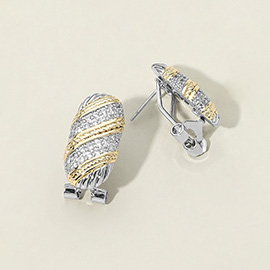 14K Gold Plated Two Tone CZ Stone Paved Oval Earrings