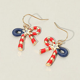 American USA Candy Cane Bow Drop Dangle Earrings