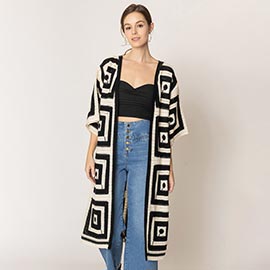 Geometric Square Pattern Crochet Long Cardigan