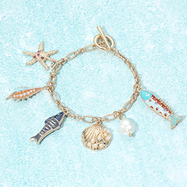 Starfish Shell Fish Pearl Charm Station Toggle Bracelet