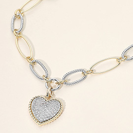 14K Gold Plated Two Tone Oval Link CZ Pave Heart Pendant Necklace