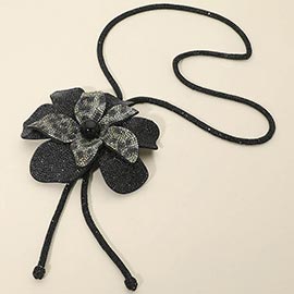 Pearl Centered Bling Studded Flower Pointed Bolo Tie Necklace