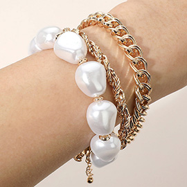 3PCS - Bold Chunky Pearl Beaded Chain Multi Layered Bracelets