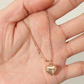Puffy Metal Heart Pendant Beaded Chain Necklace