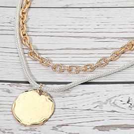Hammered Metal Coin Pendant Sparkle Chunky Thread Textured Metal Chain Layered Necklace
