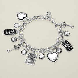 Two Tone Antique Metal Heart Key Stone Rectangular Scrollwork Charm Station Bracelet