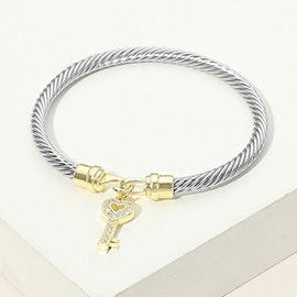 Two Tone CZ Pave Key Charm Cable Bangle Bracelet