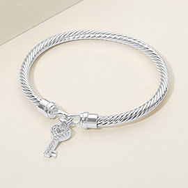 Rhodium Plated CZ Pave Key Charm Cable Bangle Bracelet