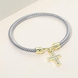 Two Tone CZ Pave Cross Charm Cable Bangle Bracelet