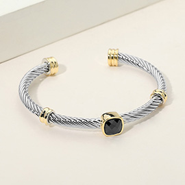 Square Stone Bezel Accent Two Tone Twisted Cable Cuff Bracelet