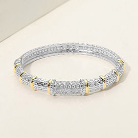 14K Gold Plated CZ Stone Pave Two Tone Hinged Bangle Bracelet