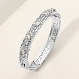 14K Gold Plated CZ Bezel Station Accent Textured Hinged Bangle Bracelet