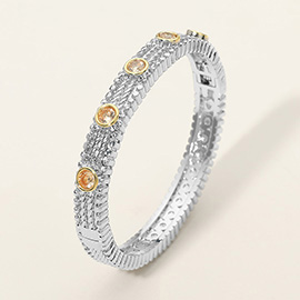 14K Gold Plated CZ Bezel Station Accent Textured Hinged Bangle Bracelet