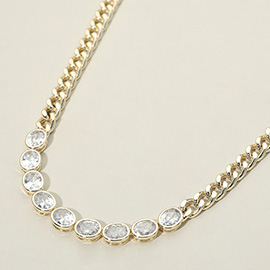 14K Gold Plated Round CZ Bezel Link Curb Chain Necklace